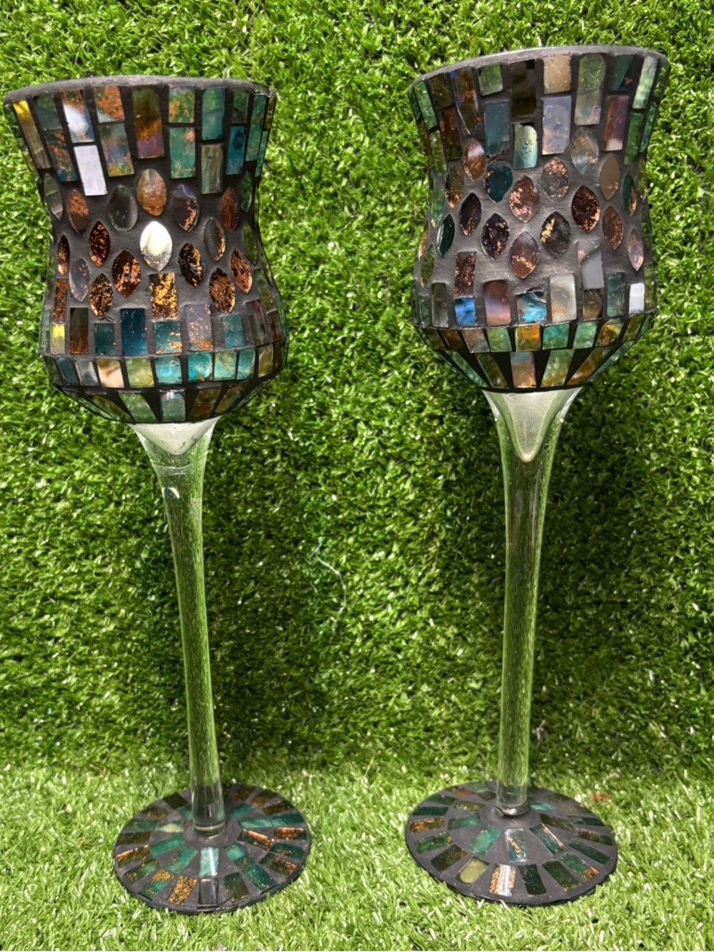 Pair of stunning Mosaic Glass Candle Holders - Iridescent Green Accent